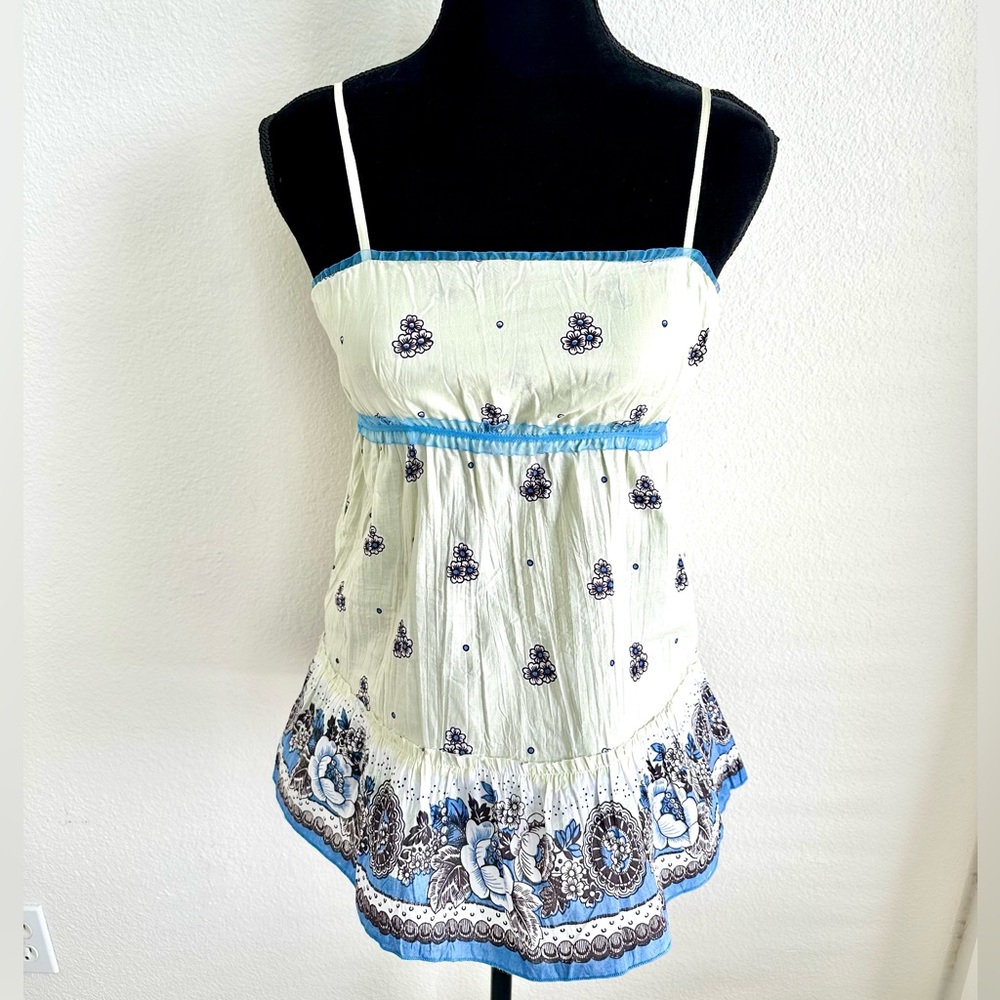 Blue Trim Ivory Floral Spaghetti-Strap Top